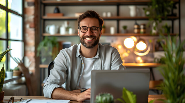 Grinning at the camera, a content freelancing man enjoys working remotely and being self-employed