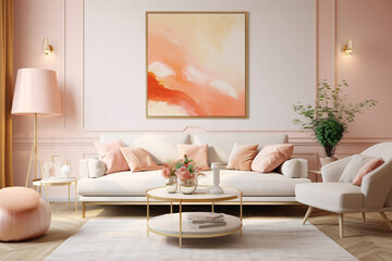 living room interior in peach tones, minimalism