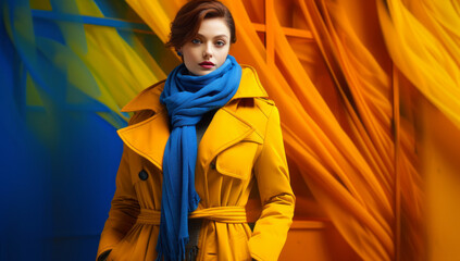 A woman in a yellow coat and wearing a warm blue scarf. Splash of intense color. casual clothes backpack bag isolated on plain yellow color background