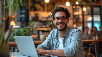 Man in glasses grinning and staring into the camera while using a laptop and a freelancer's computer at a table at a café