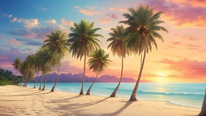Fototapeta na wymiar A row of palm trees swaying gently along a serene tropical beach at sunset Generative AI