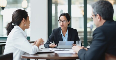 Informal yet serious business negotiation in a sophisticated cafe, with data presentation and note-taking.