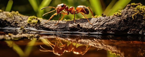 Ant in green nature near water or forest brook. Ants drinking detail, copy space for text.