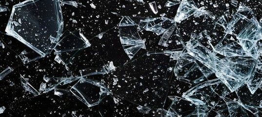 Shattered glass pieces on black background. Generative AI technology.