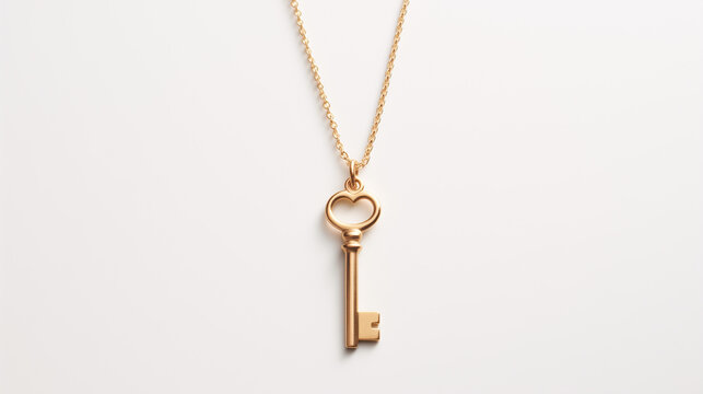 Gold Key Necklace With Heart Pendant - Dainty Jewelry for a Meaningful Gift. White background. Valentine's Day mood. Copy space.