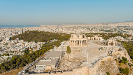 Athens, Greece. Acropolis of Athens in the light of the morning sun. Summer, Aerial View