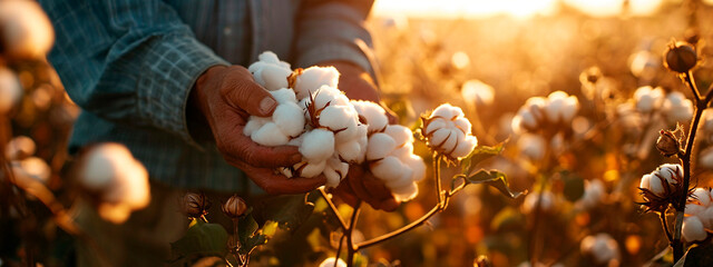 Farmer holding cotton flowers in the field. Selective focus. - obrazy, fototapety, plakaty