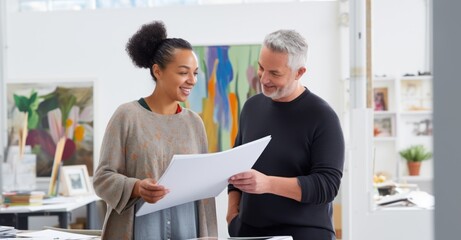 Artistic mentorship in a vibrant studio, with mentor explaining concepts amidst creative surroundings.