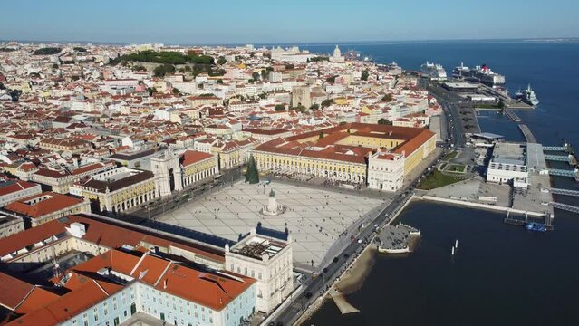 Lisbon, Portugal: Aerial drone footage of the famous Pra&ccedil;a do Com&eacute;rcio, the Commerce Place, in the heart of Lisbon old town and Portugal capital city along the Tagus river. 