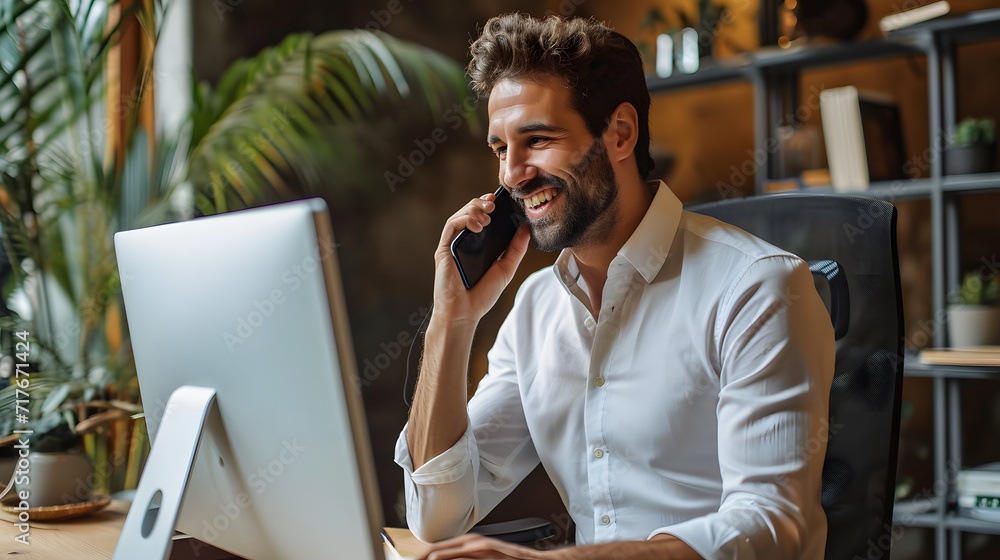 Poster picture of a dapper businessman using a computer at the workplace and talking on the phone