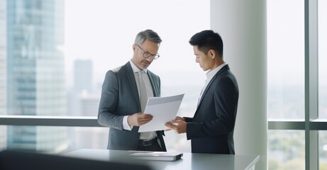 Finalizing a business deal in a modern office with city skyline, symbolizing growth and opportunity.