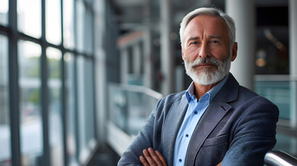 Fototapeta premium picture of a prosperous senior business consultant grinning and glancing at the camera within a contemporary office building