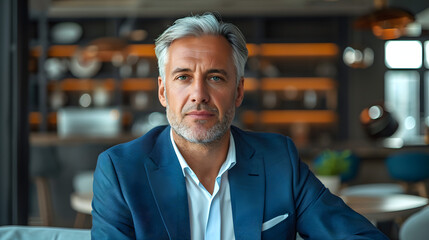 picture of a prosperous, solemn CEO guy with a blue suit and gray hair in the workplace - Powered by Adobe