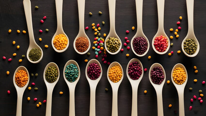 world pulses day illustration with spoons filled with different colored pulses. 