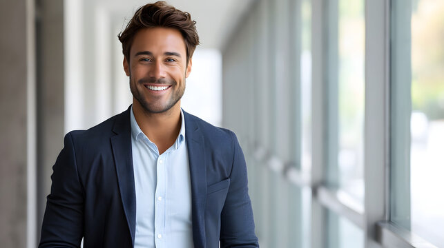 picture of a content brunette man dressed formally, grinning at the camera and putting his hands in his pockets