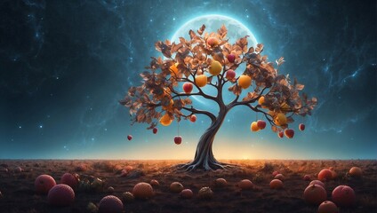 A surreal tree with glowing leaves and fruits, standing alone in a dreamlike landscape Generative AI - obrazy, fototapety, plakaty