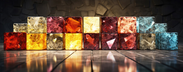 Many colored cubes from crystal or glass. Cub in diferrent colors.