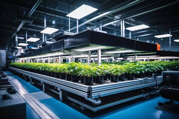 Naklejka premium A row of seedlings on a conveyor belt in a modern agricultural plant