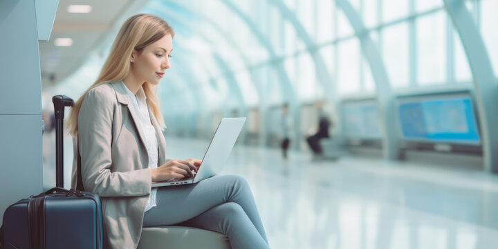 Young business woman working on laptop computer waiting hall of departure lounge in airport by Ai generate.