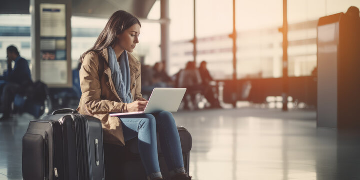 Young business woman working on laptop computer waiting hall of departure lounge in airport by Ai generate.