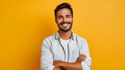 Rich, self-assured man standing alone with a smile against a yellow backdrop. Happy, attractive, ethnic man in a shirt glancing at a camera while posing for a portrait with his arms crossed