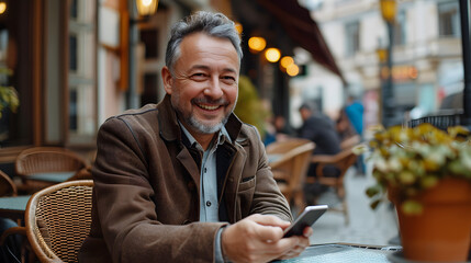 Smiling and content, a middle-aged professional entrepreneur and happy smile is seated in an outdoor cafe with a smartphone and utilizing apps for digital technology. Real picture - Powered by Adobe