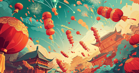 Lively Chinese New Year scene depicted in an illustration showcasing dynamic firecrackers. The explosion of colors conveys the festive energy, creating a vibrant and celebratory atmosphere for the Lun