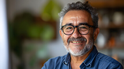 Smiling middle-aged Hispanic male, close-up interior portrait