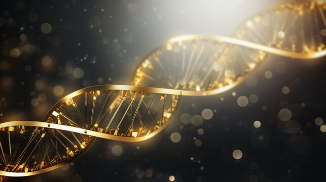 Gold Fantasy DNA Strand With White Dots, Structure of Life Revealed in Golden Light. Concept of health, high cost of medical services. Luxury trendy background. Banner.