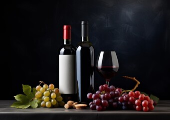 Obraz premium two bottles of wine and grapes on a background dark surface