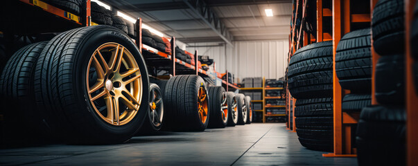 Automotive tire shop storage room with stacks of various car tires ready for vehicle maintenance and season change
