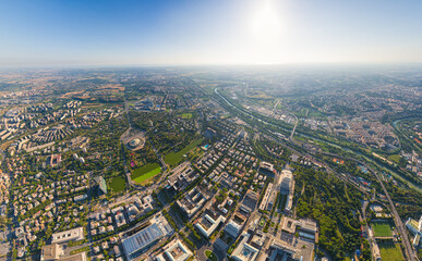 Rome, Italy. World Exhibition Quarter - EUR. Panorama of the city on a summer morning. Sunny weather. Aerial view