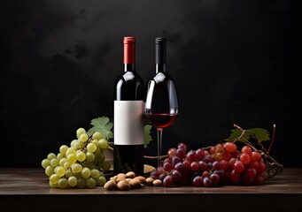Obraz premium two bottles of wine and grapes on a background dark surface