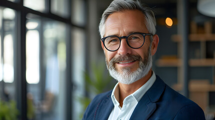 Obraz premium Standing in his office is a happy middle-aged businessman who is an executive. Smiling 50-year-old, mature, self-assured manager, investor, and businessman, facing the camera in a close-up headshot