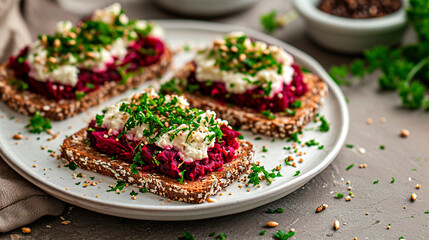 Bruschetta with beets and cheese. Selective focus. - obrazy, fototapety, plakaty