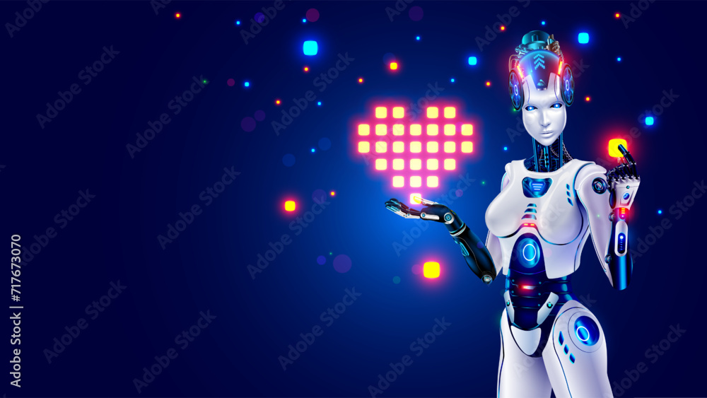 Leinwandbilder beautiful robot woman holds a pixel heart symbol of love in her hand. banner for valentines day in s