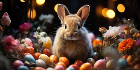 A fluffy and adorable Easter rabbit amidst a traditional celebration with dyed eggs and flowers.
