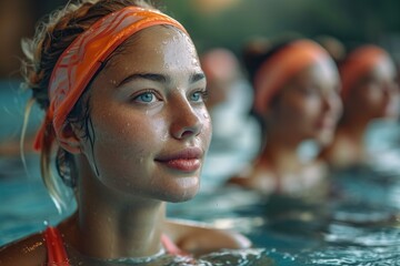 In an indoor pool a sport team, enjoys active aqua fitness training.