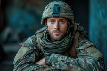 Obraz premium Soldier, a warrior's resolve. Soldier posing for the camera. Disruptive, emotional, dramatic.
