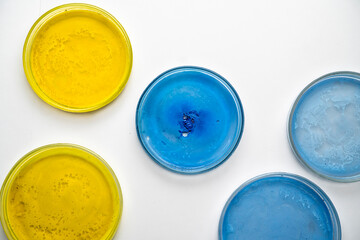 A detailed image captures a blue sample medium within a petri dish, set against a stark, clean...