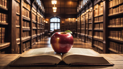 Apple on a open old book on wooden table in the library