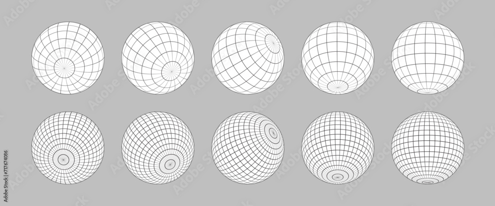 Poster wireframe sphere set isolated. striped 3d balls, geometry globe grid collection in different positio