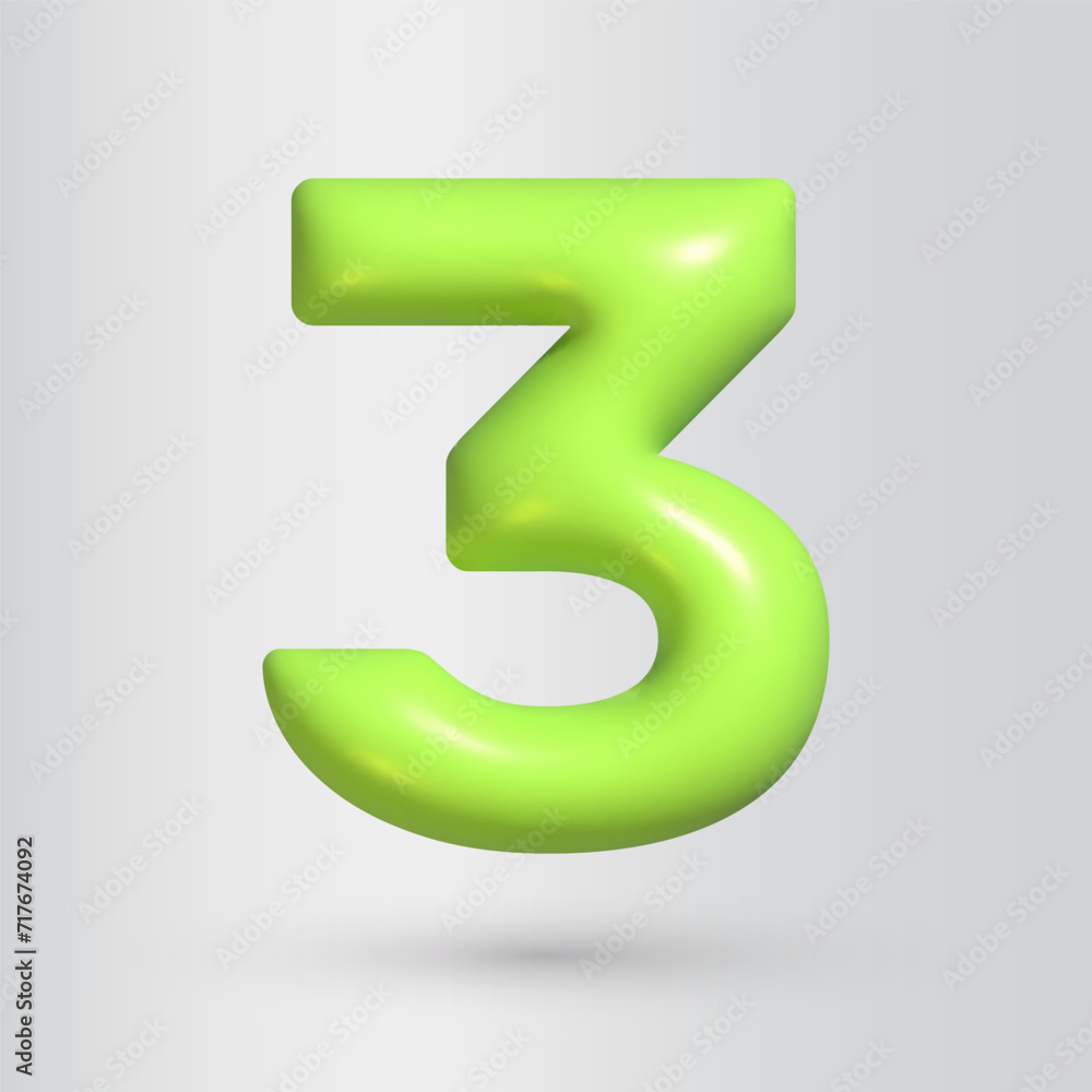 Poster 3d style number 3. three icon. realistic green color render