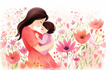 Illustration depicting a tender moment between a mother and child surrounded by a colourful array of spring flowers, celebrating Mother's Day.