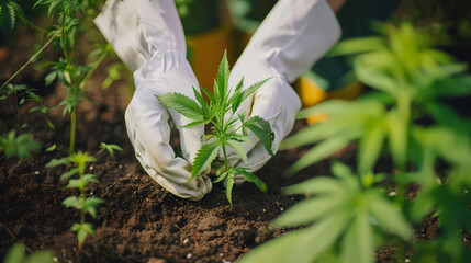 Gloves planting a cannabis plant in the soil