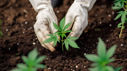 Gloves planting a cannabis plant in the soil