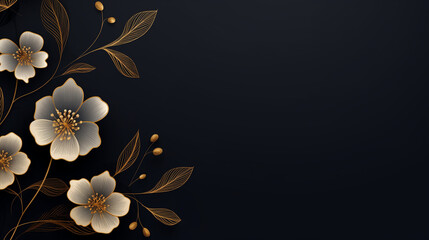 Elegant Golden Floral Design on a Dark Background for Luxury Invitation Card. Copy space.