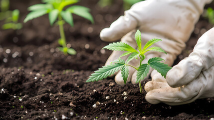 Gloves planting a cannabis plant in the soil