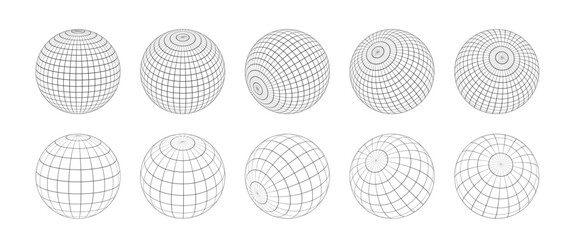 Wireframe sphere set isolated.  Striped 3D balls, geometry globe grid collection in different positions