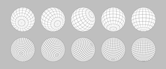 Wireframe sphere set isolated.  Striped 3D balls, geometry globe grid collection in different positions